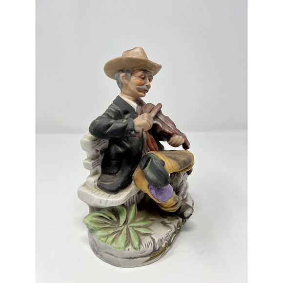 Vtg Norleans Japan  Man on Bench Playing Fiddle & His Dog 7 1/2" T x 6"L x 4"W - Picture 3 of 5